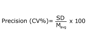 Percent CV to determine precision Equation to determine CV percentage, defined as the standard deviation (SD) divided by the mean volume (M average) times 100