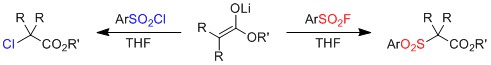 Exclusive reaction at sulfur: Sulfonyl fluorides react fast and, compared to sulfonyl chlorides, chemoselectively produce only sulfonylation products.1 Exclusive reaction at sulfur: Sulfonyl fluorides react fast and, compared to sulfonyl chlorides, chemoselectively produce only sulfonylation products.1