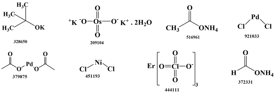 Organic reagents and transition metal catalysts and reagents A collection of seven chemical structures, each representing a different compound used as a transition metal catalyst or related reagent. Arranged in two rows, each compound is labeled with a unique catalog or reference number beneath its structure. In the top left, there is a compound with a central carbon bonded to three methyl groups and a potassium ion, forming potassium tert-butoxide. Next to it is potassium osmate dihydrate, with a central osmium atom bonded to four oxygen atoms in a double and single bonded arrangement, and flanked by two potassium counterions and two water molecules. The next structure is ammonium acetate, featuring a methyl group attached to a carbonyl and an ammonium group. To the far right in the top row is palladium(II) chloride, with a palladium atom bonded to two chloride atoms. The bottom row starts with palladium(II) acetate, showing a palladium atom centrally coordinated by two acetate groups. Next is nickel(II) chloride, consisting of a nickel atom bonded to two chloride atoms. Following that is erbium(III) chloride, depicted with an erbium ion coordinated to three trichlorocarbonate groups, each represented within brackets. The final structure is ammonium formate, composed of a formyl group bonded to an ammonium group. Each structure is presented in a clean, line-drawing format