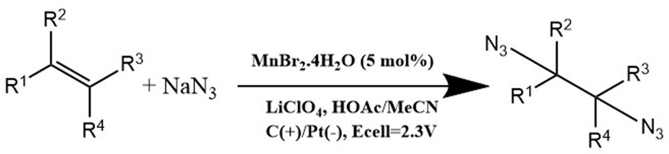 Alkene Diazidation reaction by transition metal salts A chemical reaction involving the oxidation of a compound with multiple substituents, represented by a carbon-carbon double bond backbone with four attached groups labeled R1, R2, R3, and R4 upon reaction with sodium azide (NaN3). An arrow points to the right, indicating the direction of the reaction, with the catalyst MnBr2·4H2O noted above the arrow, alongside other reagents, including lithium perchlorate (LiClO4), acetic acid (HOAc), and acetonitrile (MeCN), along with specific electrochemical conditions, including a cell voltage of 2.6 volts. On the right side, the resulting product is shown, featuring two azide groups (N3) incorporated into the structure, with hydrogen gas (H2) as a byproduct. The entire illustration is rendered in black on a white background, providing a clean contrast that emphasizes the chemical structures and the details of the reaction conditions.
