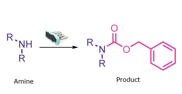 Cbz protection reaction scheme Reaction scheme showing formation of a Cbz-protected amine from a free amine and a benzyloxycarbonyl reagent.