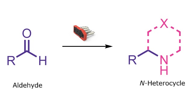 N-heterocycle formation reaction Reaction scheme showing formation of an N-heterocycle from an aldehyde and an amine precursor.