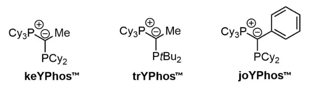 Three ylide-substituted phosphines: keYPhosTM, trYPhosTM, and joYPhosTM Black and white image of three phosphine structures with ylide groups labeled keYPhos™, trYPhos™, and joYPhos™, each with distinct phosphine ligands.
