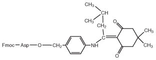dmab A chemical structure showing an Fmoc-Asp linked to a phenyl group and a complex aromatic compound with alkyl chains.