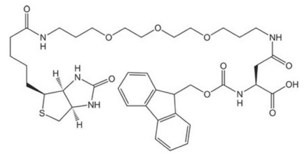 Fmoc-Asp(biotinyl-PEG)-OH Black-and-white structure of Fmoc-Asp(biotinyl-PEG)-OH showing Fmoc, bicyclic biotin, PEG linker with ether bonds, and aspartic acid residue.