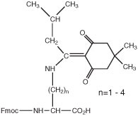 fmoc-dprivdde-oh A chemical structure with an Fmoc-amino acid, a carbonyl group, and a variable alkyl chain (n=1 to 4).