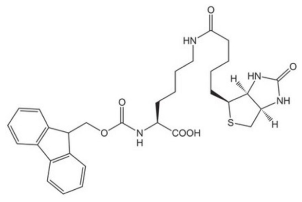 Fmoc-Lys(biotin)-OH Structure of Fmoc-Lys(biotin)-OH showing bicyclic biotin linked to lysine with an Fmoc protecting group, depicted in black lines on white background.