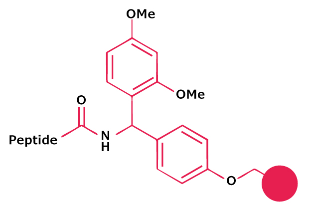 Fmoc-Rink Amide linker Chemical structure of a dimethoxy-substituted aryl amide linker used for peptide attachment in Fmoc solid-phase peptide synthesis.