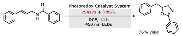 Photoredox-catalyzed amide hydrofunctionalization using diphenyl disulfide and catalyst 794171 in DCE Amide hydrofunctionalization via photoredox catalysis with diphenyl disulfide, producing a modified amide in 76% yield under blue LED light.