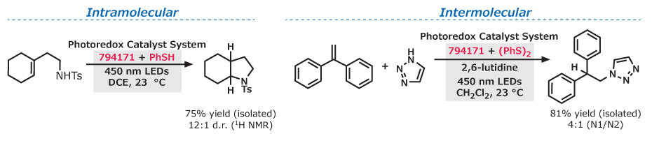 Intramolecular and intermolecular pathways Two black reaction schemes show intra- and intermolecular hydroamination with yields and conditions, forming nitrogen-containing products on white background.
