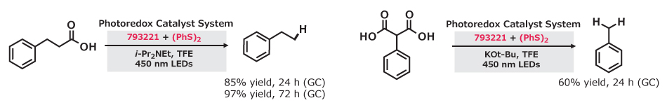 Photoredox hydrodecarboxylation of tertiary carboxylic acids and malonic acids Hydrodecarboxylation of tertiary and malonic acids using photoredox catalysis with catalyst 793221 and diphenyl disulfide under blue light.