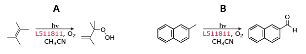 Visible-light-driven photooxygenation of alkenes via Type II and aromatics via ET Type Light-promoted oxygenation of alkene and aromatic substrates with L511811 in CH₃CN, forming alcohol and ketone products via selective oxidation.