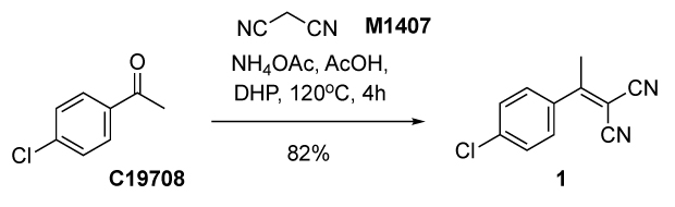 Synthesis of 2-(4-chlorophenyl)malononitrile A chemical reaction scheme depicting the synthesis of 2-(4-chlorophenyl)malononitrile. It consists of molecular structures drawn in black on a white background, showing reactants, reagents, conditions, and the final product. On the left, the reactants are 4'-chloroacetophenone, which has a benzene ring with a chlorine atom attached at the para position and a ketone group, and malononitrile, which has a central carbon bonded to two cyano groups. A rightward arrow indicates the reaction conditions: ammonium acetate (NH₄OAc) and acetic acid (AcOH) in dihydropinene (DHP) at 120°C for 4 hours. On the right, the product, 2-(4-chlorophenyl)malononitrile, is shown with a benzene ring bearing a chlorine substituent and a malononitrile moiety. Below the product, the reaction yield of 82% is specified.