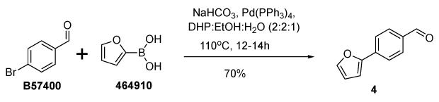 Synthesis of 4-(furan-2-yl)benzaldehyde A chemical reaction scheme illustrating the synthesis of 4-(furan-2-yl)benzaldehyde from 4-bromo benzaldehyde and 2-furan boronic acid. The starting material, 4-bromo benzaldehyde, is depicted with a bromine atom attached to a benzaldehyde ring. The reaction involves 2-furan boronic acid, shown with a boronic acid group attached to a furan ring. The synthesis is conducted using sodium bicarbonate and a palladium catalyst, Pd(PPh3)4, in a solvent mixture of pinane, ethanol, and water in a 2:2:1 ratio, at a temperature of 110 degrees Celsius for 12 to 14 hours. The reaction yields 70% of the final product, 4-(furan-2-yl)benzaldehyde, which is depicted with the furan ring linked to the benzaldehyde structure, replacing the bromine atom.