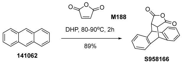 Diels-Alder (DA) cycloaddition of anthracene Diels-Alder cycloaddition reaction between anthracene and maleic anhydride. Anthracene is depicted as a three-ring aromatic hydrocarbon structure, while maleic anhydride is shown with a cyclic anhydride group. The reaction is facilitated in DHP as a solvent at a temperature range of 80 to 90 degrees Celsius for 2 hours. The resulting product is a cycloaddition compound, where the maleic anhydride has formed a new eight-membered ring with anthracene, indicating successful Diels-Alder reaction. The process yields 89% of the final cycloadduct, showcasing the transformation of the reactants into a more complex cyclic structure.