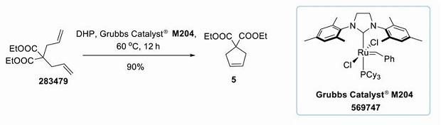 Grubbs catalyst mediated ring closing metathesis Grubbs catalyst mediated ring-closing metathesis of diethyl diallylmalonate. The starting material, diethyl diallylmalonate, is shown with two allyl groups attached to a central malonate core, each esterified with ethyl groups. The reaction is facilitated by the Grubbs Catalyst M204, a complex containing a ruthenium center with associated ligands, including a phosphine group and a chloride ligand. The process occurs in dihydropinene as a solvent at a temperature of 60 degrees Celsius over 12 hours. The reaction successfully forms a cyclized product through metathesis, closing the open chain into a ring structure, with a reported yield of 90%. This transformation highlights the efficiency of the Grubbs catalyst in promoting ring-closing metathesis reactions.