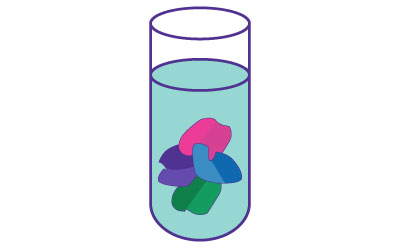 An illustration showing the addition of lysis buffer and proteinase K to a sample, highlighting the breakdown of cellular components to release nucleic acids. An illustration showing the addition of lysis buffer and proteinase K to a sample, highlighting the breakdown of cellular components to release nucleic acids.