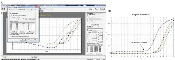 Typical example of data dropping below the zero normalized fluorescence reading when the baseline setting is incorrect Typical example of data dropping below the zero normalized fluorescence reading when the baseline setting is incorrect