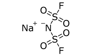 Sodium Bis(Fluorosulfonyl)imide (NaFSI) Chemical structure of sodium bis(fluorosulfonyl)imide (NaFSI). On the left, there is a sodium ion (Na+) with a positive charge symbol. To the right, the bis(fluorosulfonyl)imide ion is illustrated, featuring a central nitrogen atom bonded to two sulfonyl groups. Each sulfonyl group consists of a sulfur atom double-bonded to two oxygen atoms and single-bonded to a fluorine atom. The nitrogen atom connects to each sulfur atom, forming a bridging structure.
