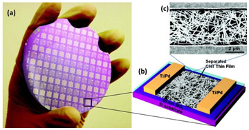 The wafer consists of CNT-TFTs (b) Schematic showing CNT-TFT (c) SEM image showing CNT network of IsoNanotubes-S TM (Figure was adapted from reference 13) The wafer consists of CNT-TFTs (b) Schematic showing CNT-TFT (c) SEM image showing CNT network of IsoNanotubes-S TM (Figure was adapted from reference 13)