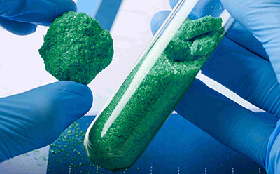 Gloved hand holding green powder next to a test tube A gloved hand holding a blue powdery substance next to a test tube filled with similar blue granules, set against a laboratory background.