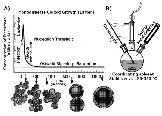Schematic of the nucleation and growth stage for the preparation of monodisperse nanocrystals in the framework of the LaMer model Schematic of the nucleation and growth stage for the preparation of monodisperse nanocrystals in the framework of the LaMer model