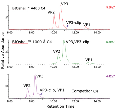 Total ion current (TIC) profiles of AAV5 intact capsid protein retention and separation A comparison of total ion current (TIC) profiles of intact AAV5 capsid protein to assess its retention and separation on three different columns. Both the BIOshell™ A400 C4 and BIOshell™ IgG 1000 Å C4 columns provided good retention of the proteins using the gradient described in the draft guideline. Separation of VP1 from VP2 and VP3 was also achieved