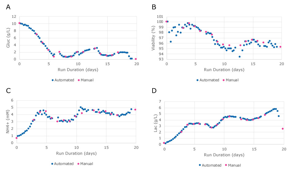 Comparison of automated and manual sampling for measurements of glucose, cell viability, ammonium, and lactate A comparison of automated and manual sampling for measurements of glucose (A), cell viability (B), ammonium (C), and lactate (D) showed that four times more data were collected.