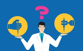 Symbolic image for a decision making process A person considering different sampling options (manual and automated) for a (bio-)pharmaceutical process, depicted by holding icons representing each option in their hands.