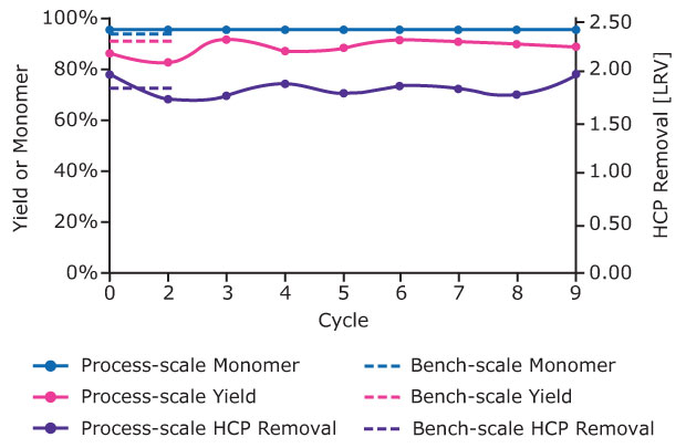 Yield, % monomer and log reduction HCP remova a graph illustrating the relationship between yield or monomer and cycle number, ranging from 0 to 9. The y-axis displays the percentage yield or monomer, as well as HCP (Host Cell Protein) removal measured in LRV (Log Reduction Value), with values from 0 to 100% and 2.00 to 2.50, respectively. There are multiple curves plotted: a solid blue line representing process-scale monomer, a solid pink line for process-scale yield, and a solid purple line for process-scale HCP removal. Dashed lines indicate the corresponding bench-scale measurements for monomer, yield, and HCP removal. The graph effectively conveys the performance metrics of the chromatography process across different cycles.