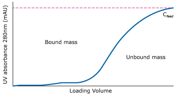 Protein breakthrough on protein A column as a function of loading volume a graph illustrating UV absorbance at 280 nm (mAU) against loading volume. The x-axis represents the loading volume, while the y-axis shows UV absorbance levels. A blue curve indicates the relationship between absorbance and loading volume, with two key regions labeled: "Bound mass" and "Unbound mass." A dashed pink line represents the concentration of the feed (C_feed), indicating the threshold for absorbance. The graph effectively visualizes the binding behavior of a sample during the chromatography process.
