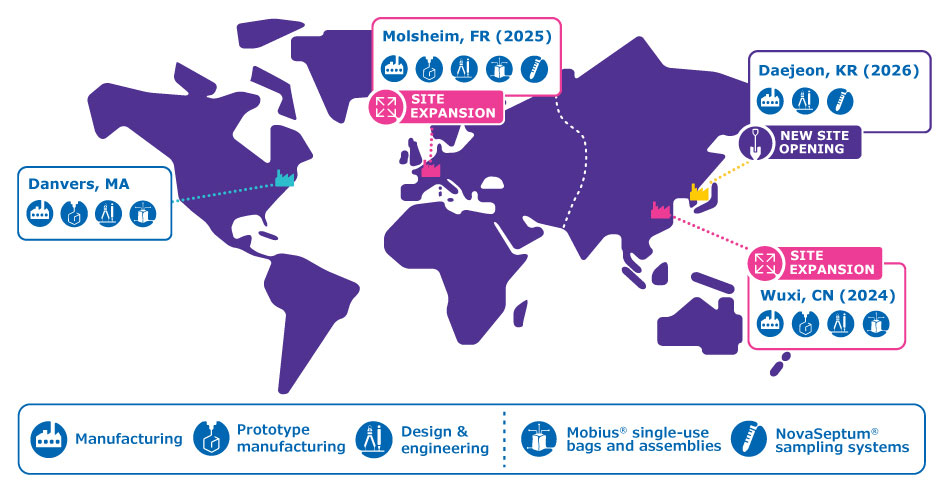 Map of regional manufacturing sites for single-use solutions A world map showing manufacturing locations for single-use solutions in Danvers, USA, Molsheim, France, Wuxi, China, and Daejeon, South Korea.