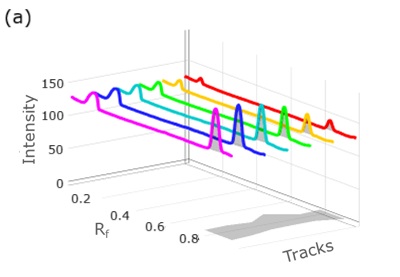 3D densitogram for chlorthalidone A three-dimensional densitogram with intensity on the vertical axis, Rf values on the horizontal axis from left to right, and track numbers from back to front. Multiple colored lines represent individual tracks corresponding to different concentrations of chlorthalidone. Two prominent peaks are visible in each track at distinct Rf positions, indicating the presence of analyte bands. The peak height increases progressively from the nearest track to the farthest, illustrating calibration using ascending concentrations.