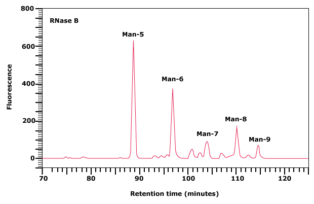 Normal phase HPLC profile of the 2‑AB labeled N-linked glycan library obtained from RNase B Normal phase HPLC profile of the 2‑AB labeled N-linked glycan library obtained from RNase B
