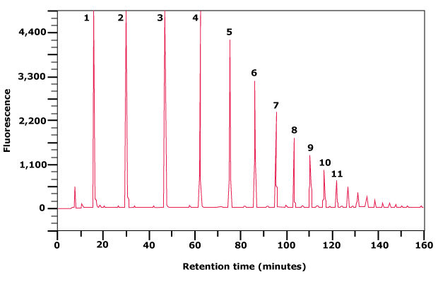 Separation of partially hydrolyzed 2‑AB labeled Dextran Ladder by normal phase HPLC Separation of partially hydrolyzed 2‑AB labeled Dextran Ladder by normal phase HPLC