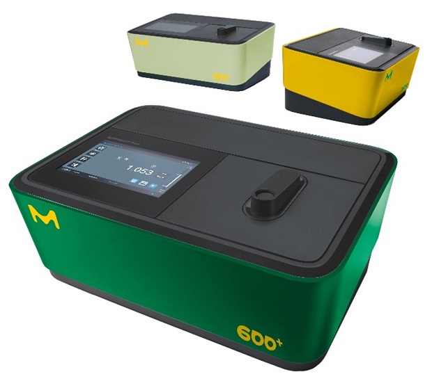 Spectroquant® spectrophotometers - Prove 100 plus, Prove 300 plus, & Prove 600 plus three models of Spectroquant® spectrophotometers: Prove 100 plus, Prove 300 plus, and Prove 600 plus. Each device has a sleek, modern design with a rectangular body. The largest model in the foreground, Prove 600 plus, is green with a black top and features a touchscreen interface displaying measurement data, as well as a slot for sample insertion. The top right corner of the device has a yellow "M" logo and "600+" printed in bold yellow on the front corner. Two smaller models, Prove 100 plus and Prove 300 plus, are placed in the background. Prove 100 plus is light green with a black top, while Prove 300 plus is yellow with a black top. Both also feature touchscreens and the "M" logo.