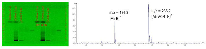 Slide and graph of developed plate at 254 nm and mass spectrum of caffeine in coffee. Slide and graph of developed plate at 254 nm and mass spectrum of caffeine in coffee.