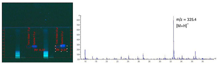Slide and graph of developed plate at 366 nm and mass spectrum of quinine in tonic water. Slide and graph of developed plate at 366 nm and mass spectrum of quinine in tonic water.