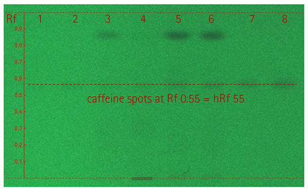 HPTLC plate with caffeine standard and energy drink samples under UV light (254 nm). HPTLC plate with caffeine standard and energy drink samples under UV light (254 nm).