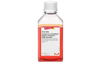 Full bottle of cell culture medium. Bottle has a label on the front that has the name of the medium, Dulbecco's Modified Eagle's Medium. Full bottle of cell culture medium. Bottle has a label on the front that has the name of the medium, Dulbecco's Modified Eagle's Medium.