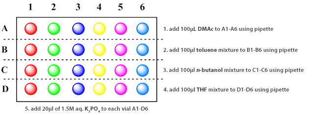 A colorful grid representing a microplate with instructions for adding chemical substances into specific wells. A colorful grid representing a microplate with instructions for adding chemical substances into specific wells.