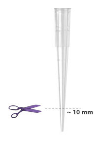 Snip pipette A transparent pipette tip with a dashed line indicating the approximate location to snip the end, about 10 millimeters from the tip. A pair of purple scissors is depicted to the left of the dashed line, suggesting the cutting action.