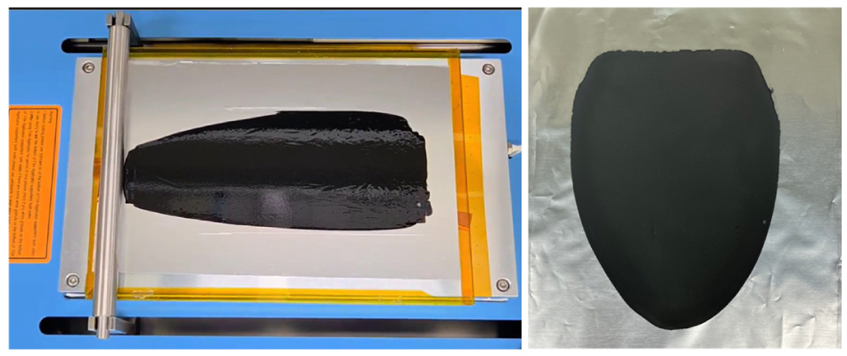 Electrode Fabrication Figure 3.1: An overhead view of a freshly coated cathode using a 35 wt% slurry, placed on a flat surface. The electrode displays a smooth, uniform layer with complete coverage, indicating optimal areal loading and a defect-free application. Figure 3.2: A close-up image of the same cathode after undergoing drying and calendaring processes. The electrode exhibits a compact and smooth surface morphology, confirming the effectiveness of the viscosity and mixing conditions used during preparation.