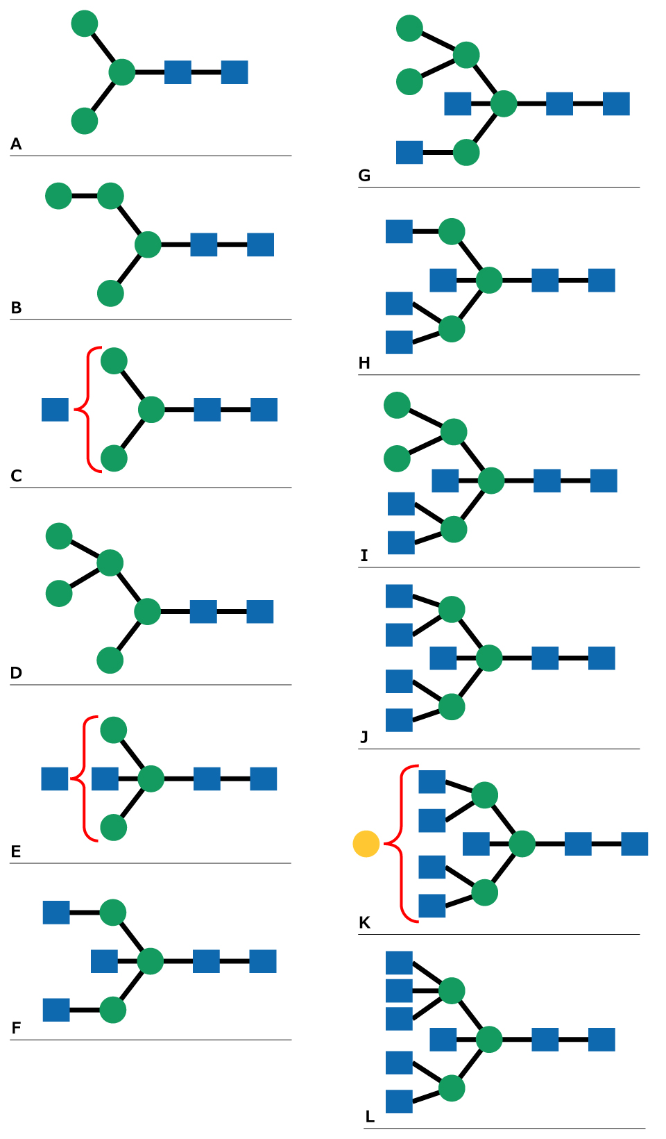 N-Linked glycan structures A series of N-Linked glycan structures associated with labels A through L, each showing a structure composed of green circles and blue squares connected by black lines. Some structures include red curves or yellow circles to highlight specific parts.