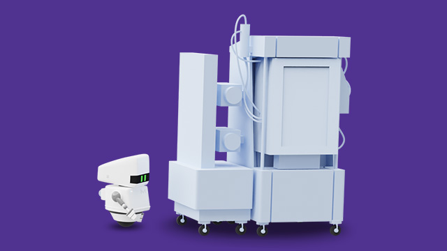 <p>Transforming the Biopharma Supply Chain, eData Solutions for Agility and Manufacturing Efficiency<br>
</p>
A 3D illustration of a white, modern medical imaging machine against a purple background. To the left is a small robot with green lights