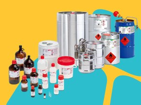 Assorted laboratory chemical containers—vials, reagent bottles, plastic jugs, metal cans, and stainless‑steel drums with red caps and hazard labels—arranged on a yellow and teal graphic background.