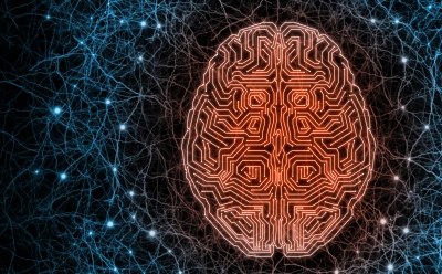 脑被描绘成由神经系统包围的电子芯片，显示了最新技术和生物有机体的结合。