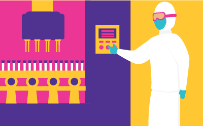一名工人穿着全套个人防护装备，正在按生物反应器上的按钮。