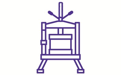 Efficient downstream processing: a purple line drawing of a traditional letterpress printing machine on a white background.