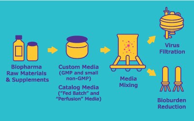 工作流程 1.  生物制药原料和补充剂，2.  定制培养基（GMP和小型非 GMP）目录培养基（“分批补料”和“灌注”培养基），3.  培养基混合，4.  病毒过滤或减少生物负荷。